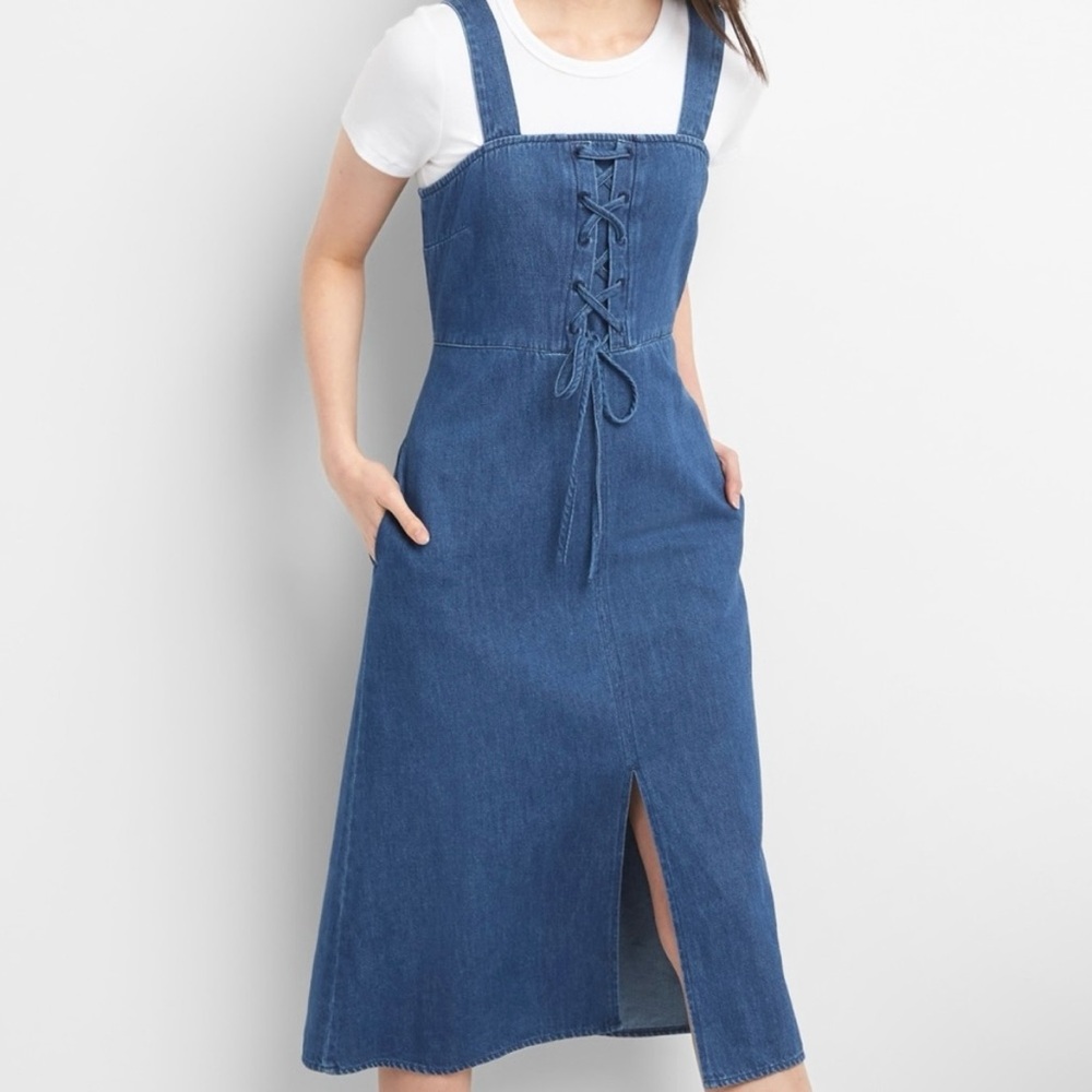 Gap Midi Dress Women Size 10 Blue Lace Up Denim Tank Midi Dress Cotton Corset